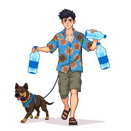 A young man in a blue Hawaiian shirt carrying two huge bottles of water, one in each hand, with a dog walking next to him