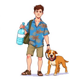 A young man in a blue Hawaiian shirt carrying two huge bottles of water, one in each hand, with a dog walking next to him