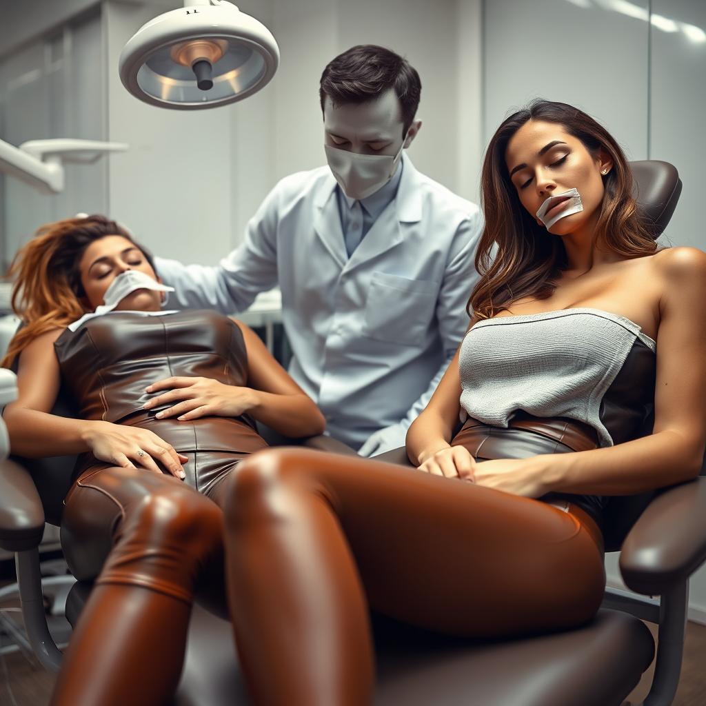 A faceless man examining Megan Fox and Adriana Lima, who are both wearing brown leather leggings and asleep in dentist chairs