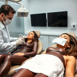 A faceless man examining Megan Fox and Adriana Lima, who are both wearing brown leather leggings and asleep in dentist chairs