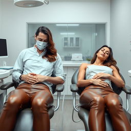 A faceless man examining Megan Fox and Adriana Lima, who are both wearing brown leather leggings and asleep in dentist chairs