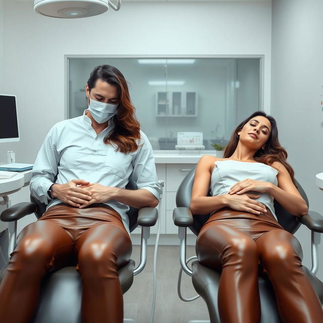 A faceless man examining Megan Fox and Adriana Lima, who are both wearing brown leather leggings and asleep in dentist chairs