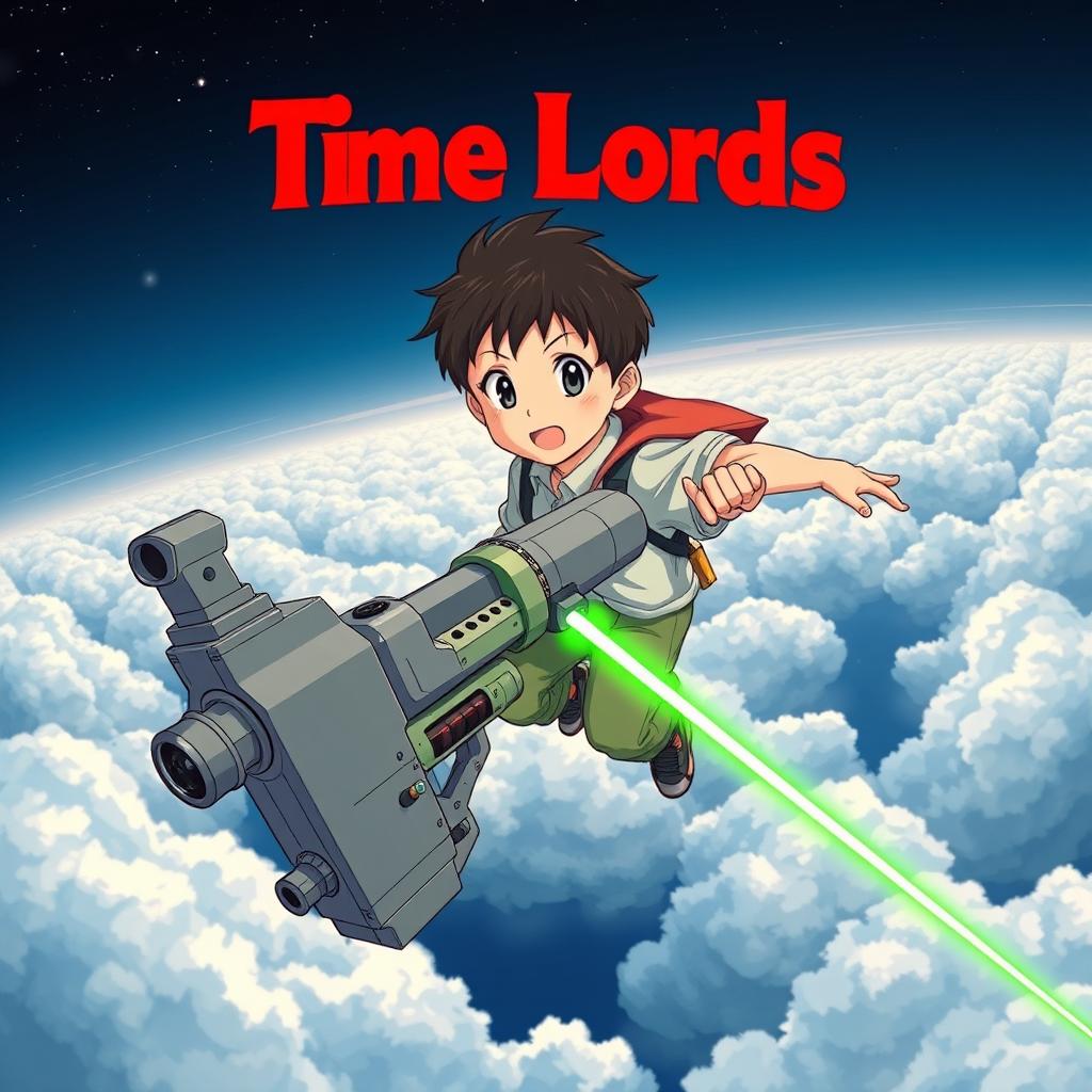 A young Japanese boy flying over clouds, holding a very big laser rifle in his hand