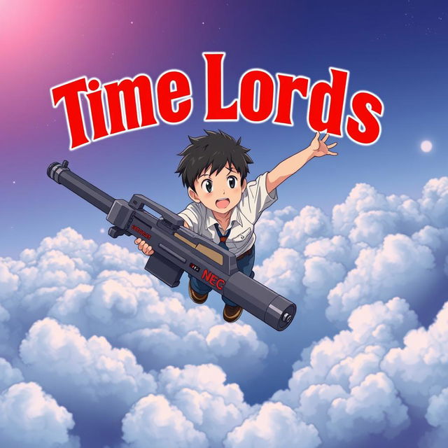 A young Japanese boy flying over clouds, holding a very big laser rifle in his hand