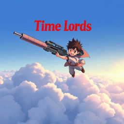 A young Japanese boy flying over clouds, holding a very big laser rifle in his hand