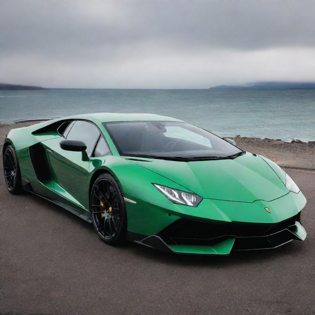 A high-performance vehicle combining Lamborghini's aggressive design and raw power with Ford's practical functionality and bold aesthetics.