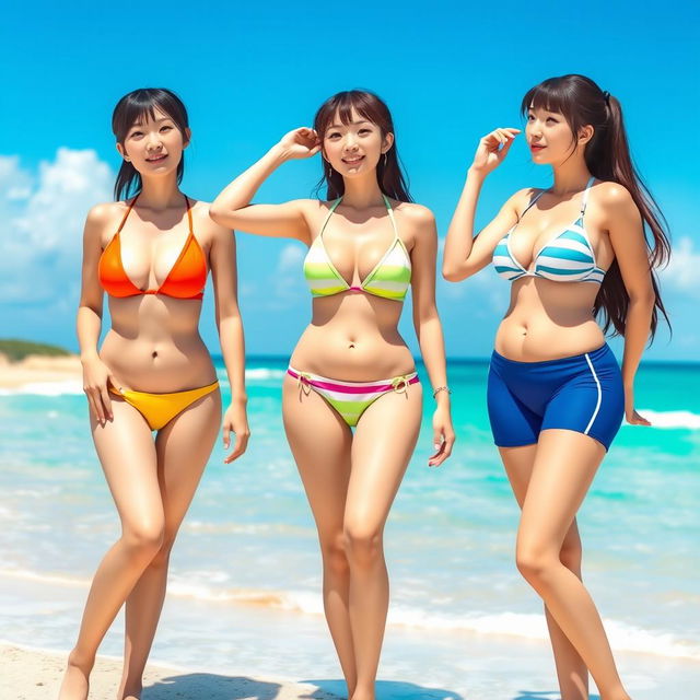 Three Japanese college girls with athletic figures and large breasts, standing at a beach