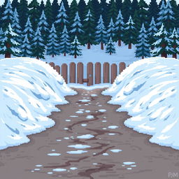 A pixel art scene with snowdrifts on the left and right sides, creating a small path in the middle