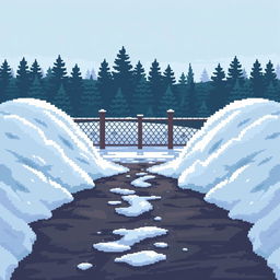 A pixel art scene with snowdrifts on the left and right sides, creating a small path in the middle
