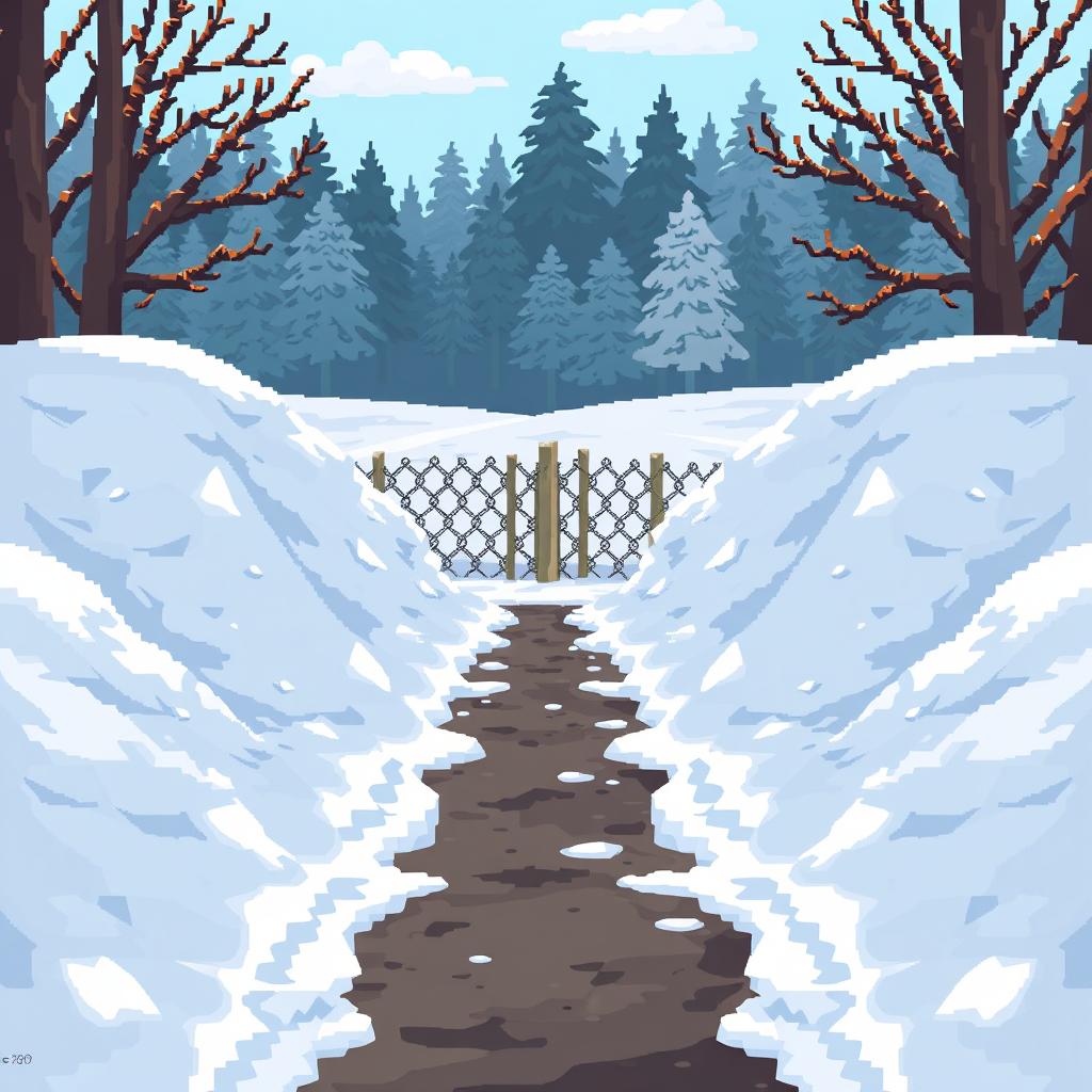 A pixel art scene with snowdrifts on the left and right sides, creating a small path in the middle