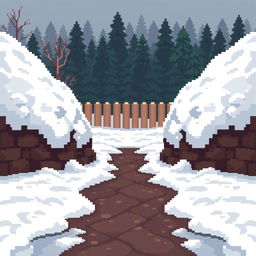 A pixel art scene with snowdrifts on the left and right sides, creating a small path in the middle