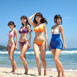 A photorealistic image of three Japanese college girls with athletic figures and large breasts, standing at a beach