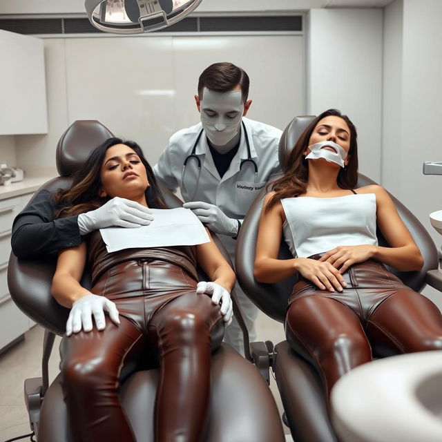 A faceless man examining Megan Fox and Adriana Lima, who are both wearing brown leather leggings and asleep in dentist chairs