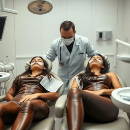 A faceless man examining Megan Fox and Adriana Lima, who are both wearing brown leather leggings and asleep in dentist chairs