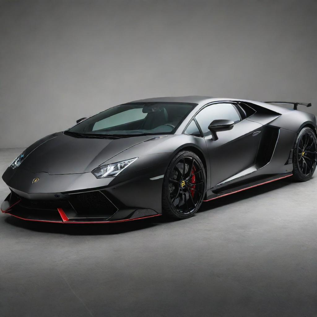 A high-performance vehicle combining Lamborghini's aggressive design and raw power with Ford's practical functionality and bold aesthetics.