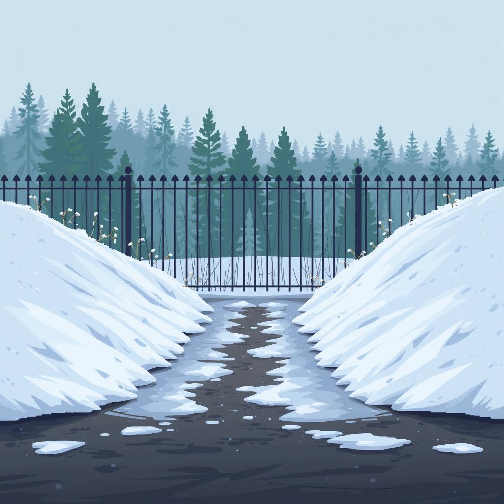 A pixel art scene with snowdrifts on the left and right sides, creating a small path in the middle