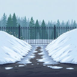 A pixel art scene with snowdrifts on the left and right sides, creating a small path in the middle