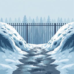 A pixel art scene with snowdrifts on the left and right sides, creating a small path in the middle