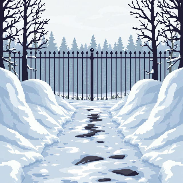 A pixel art scene with snowdrifts on the left and right sides, creating a small path in the middle