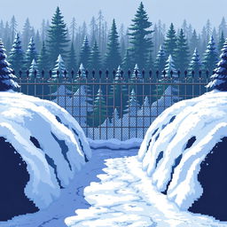 A pixel art scene with snowdrifts on the left and right sides, creating a small path in the middle