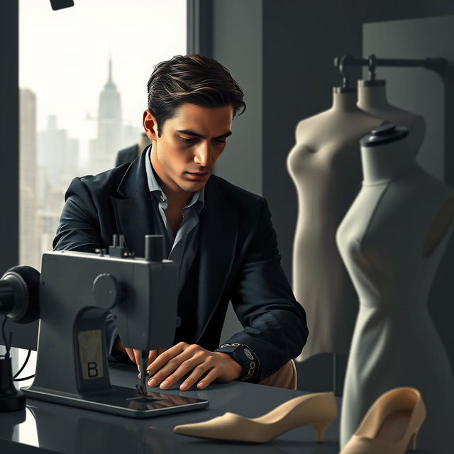 In the foreground, a young man in stylish clothes working focused at a sewing machine, looking determined as he strives to prove his worth as a designer