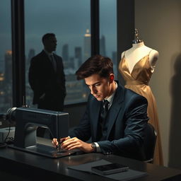 In the foreground, a young man in stylish clothes working focused at a sewing machine, looking determined as he strives to prove his worth as a designer