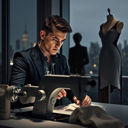 In the foreground, a young man in stylish clothes working focused at a sewing machine, looking determined as he strives to prove his worth as a designer