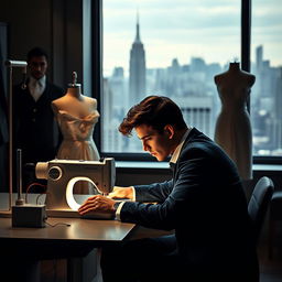 In the foreground, a young man in stylish clothes working focused at a sewing machine, looking determined as he strives to prove his worth as a designer