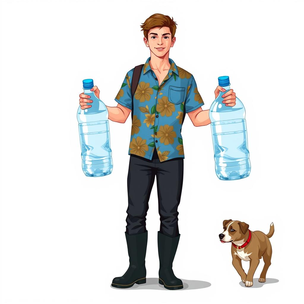 A young man in a blue Hawaiian shirt, black pants, and rubber boots holds two huge bottles of water in his hands