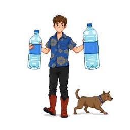 A young man in a blue Hawaiian shirt, black pants, and rubber boots holds two huge bottles of water in his hands