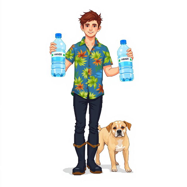 A young man in a blue Hawaiian shirt, black pants, and rubber boots holds two huge bottles of water in his hands