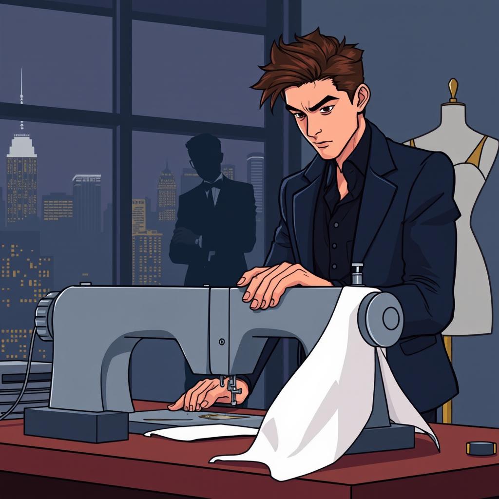 In the foreground, a young man in stylish clothes working focused at a sewing machine, looking determined as he strives to prove his worth as a designer