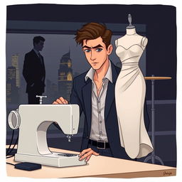 In the foreground, a young man in stylish clothes working focused at a sewing machine, looking determined as he strives to prove his worth as a designer