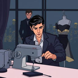 In the foreground, a young man in stylish clothes working focused at a sewing machine, looking determined as he strives to prove his worth as a designer