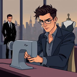 In the foreground, a young man in stylish clothes working focused at a sewing machine, looking determined as he strives to prove his worth as a designer