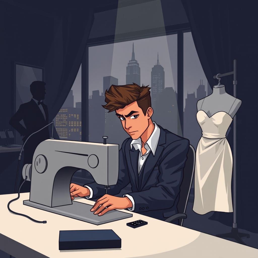 In the foreground, a young man in stylish clothes working focused at a sewing machine, looking determined as he strives to prove his worth as a designer