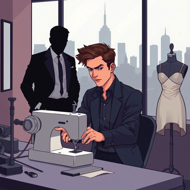 In the foreground, a young man in stylish clothes working focused at a sewing machine, looking determined as he strives to prove his worth as a designer