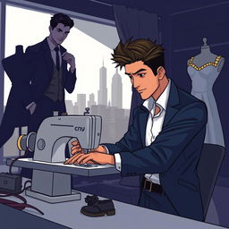 In the foreground, a young man in stylish clothes working focused at a sewing machine, looking determined as he strives to prove his worth as a designer