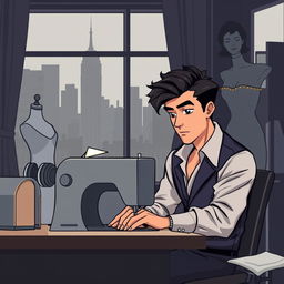 In the foreground, a young man in stylish clothes working focused at a sewing machine, looking determined as he strives to prove his worth as a designer