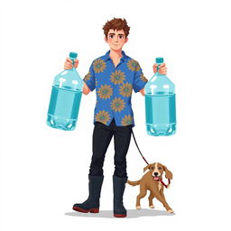 A young man in a blue Hawaiian shirt, black pants, and rubber boots holding two huge bottles of water by the handles in his hands