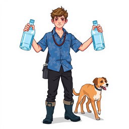 A young man in a blue Hawaiian shirt, black pants, and rubber boots holding two huge bottles of water by the handles in his hands