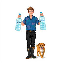 A young man in a blue Hawaiian shirt, black pants, and rubber boots holding two huge bottles of water by the handles in his hands