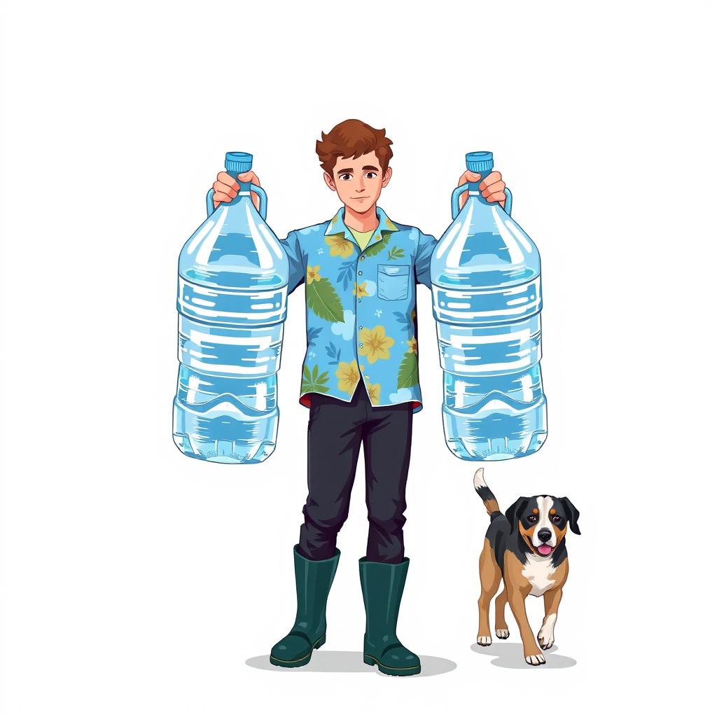 A young man in a blue Hawaiian shirt, black pants, and rubber boots holding two huge bottles of water by the handles in his hands