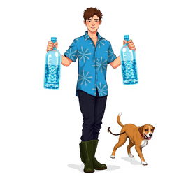 A young man in a blue Hawaiian shirt, black pants, and rubber boots holding two huge bottles of water by the handles in his hands