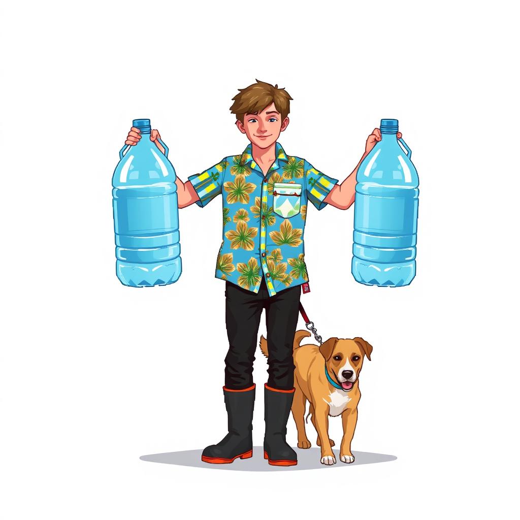 A young man in a blue Hawaiian shirt, black pants, and rubber boots holding two huge bottles of water by the handles in his hands