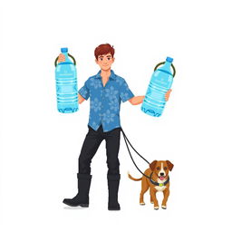 A young man in a blue Hawaiian shirt, black pants, and rubber boots holding two huge bottles of water by the handles in his hands