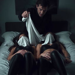 A man pressing a white handkerchief over the mouths of Kate Beckinsale and Selena Gomez, who are both wearing leather leggings and lying on a bed