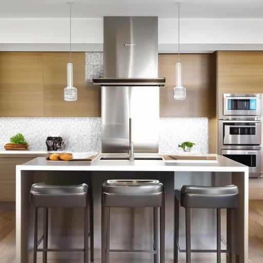 A modern, well-lit kitchen with sleek stainless steel appliances, an island with bar stools, glossy wooden cabinets and a glass tiled backsplash.