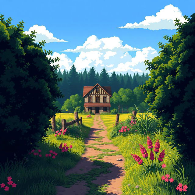 A pixel art scene of a summer sunny day