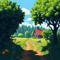 A pixel art scene of a summer sunny day